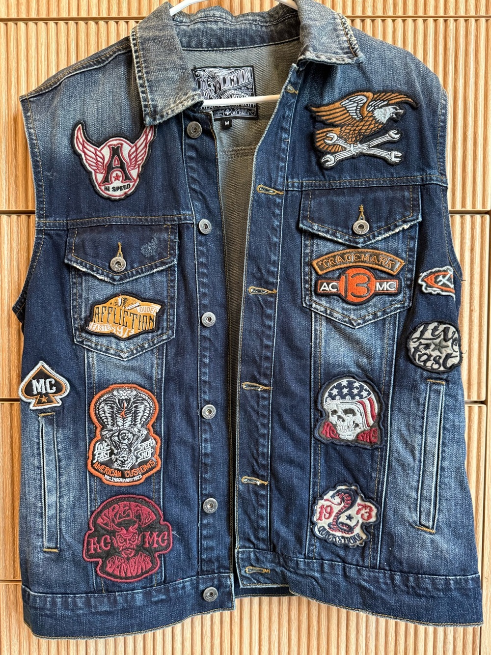 Affliction Distressed Denim Vest with Patches